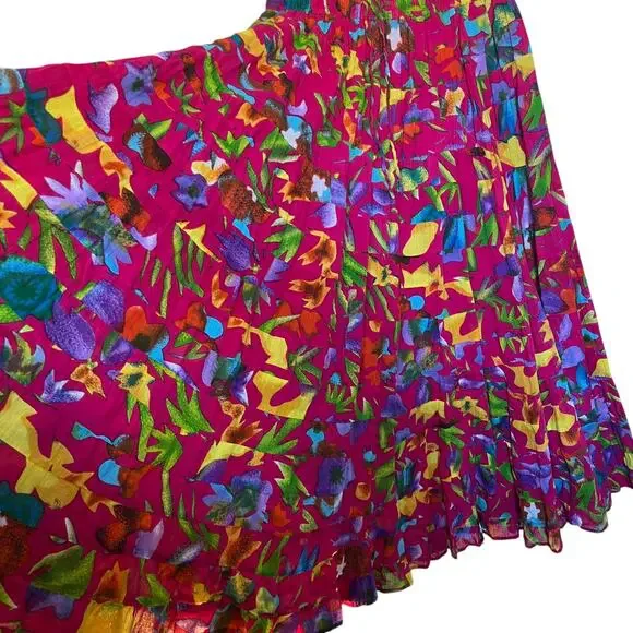 Silver Stream Vintage Tiered Floral Maxi Skirt Tropical Print Maximalist Pink OS - Picture 8 of 10